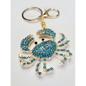 NWT Decadent Aqua Blue Gold Crab Bling Rhinestone Keychain Bag Charm Glittery